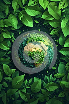 Earth globe with green leaves and plants in nature. Environment and conservation concept. International Mother Earth Day
