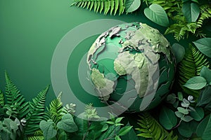 Earth globe with green leaves and plants in nature. Environment and conservation concept. International Mother Earth Day