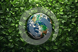 Earth globe with green leaves and plants in nature. Environment and conservation concept. International Mother Earth Day