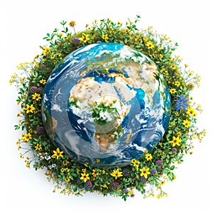 Earth globe with green leaves and plants on white background. Environment and conservation concept