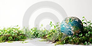 Earth globe with green leaves and plants on white background. Environment and conservation concept