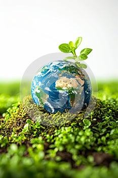 Earth globe with green leaves and plants on white background. Environment and conservation concept