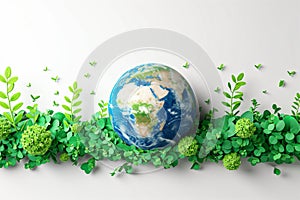 Earth globe with green leaves and plants on white background. Environment and conservation concept