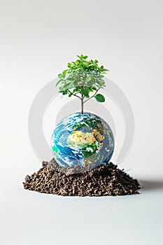 Earth globe with green leaves and plants on white background. Environment and conservation concept