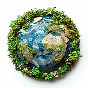 Earth globe with green leaves and plants on white background. Environment and conservation concept