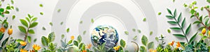 Earth globe with green leaves and plants on white background. Environment and conservation concept