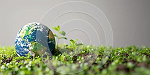 Earth globe with green leaves and plants on white background. Environment and conservation concept