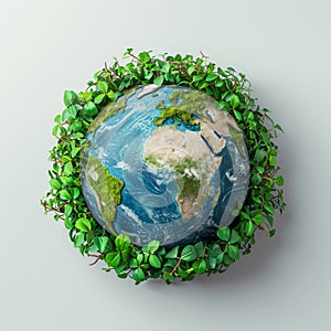 Earth globe with green leaves and plants on white background. Environment and conservation concept