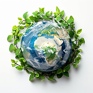 Earth globe with green leaves and plants on white background. Environment and conservation concept