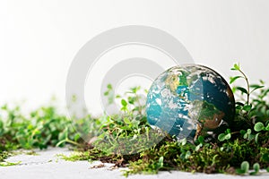 Earth globe with green leaves and plants on white background. Environment and conservation concept