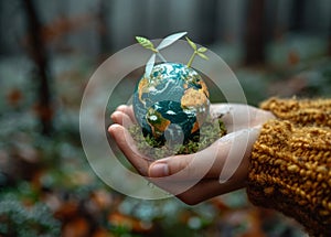 Earth globe and green seedlings in human hands on forest background