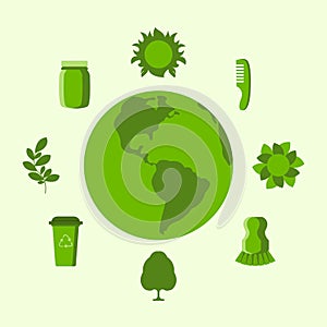 Earth globe with green waste recycling icons vector illustration.