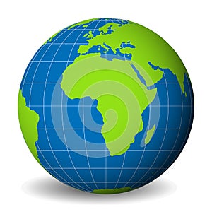 Earth globe with green world map and blue seas and oceans focused on Africa. With thin white meridians and parallels. 3D photo