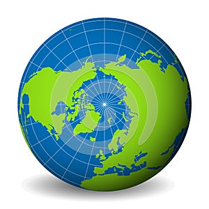Earth globe with green world map and blue seas and oceans focused on Arctic Ocean and North Pole. With thin white