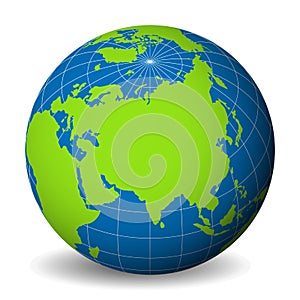 Earth globe with green world map and blue seas and oceans focused on Asia. With thin white meridians and parallels. 3D