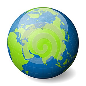 Earth globe with green world map and blue seas and oceans focused on Asia. With thin white meridians and parallels. 3D photo