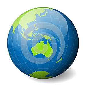 Earth globe with green world map and blue seas and oceans focused on Australia. With thin white meridians and parallels photo