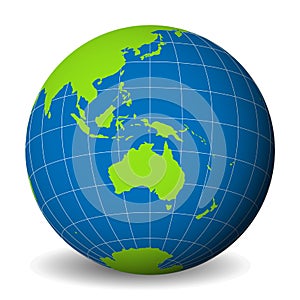 Earth globe with green world map and blue seas and oceans focused on Australia. With thin white meridians and parallels photo