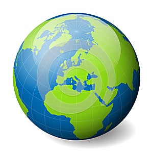 Earth globe with green world map and blue seas and oceans focused on Europe. With thin white meridians and parallels. 3D