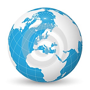 Earth globe with white world map and blue seas and oceans focused on Europe. With thin white meridians and parallels. 3D photo