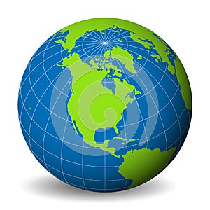 Earth globe with green world map and blue seas and oceans focused on North America. With thin white meridians and
