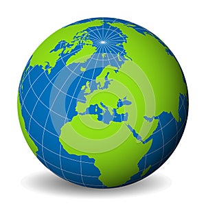 Earth globe with green world map and blue seas and oceans focused od Europe. With thin white meridians and parallels. 3D