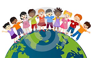 Earth globe with group of multiethnic and diverse children standing together and embracing each other. Diversity and culture. Unit