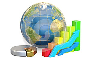 Earth Globe with growing bar graphs and pie chart. 3D rendering