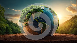 Earth globe and growing tree. Environment, save clean planet, ecology concept. Earth Day banner with copy space. AI
