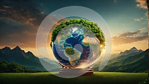 Earth globe and growing tree. Environment, save clean planet, ecology concept. Earth Day banner with copy space. AI