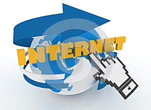 Earth globe and hand cursor on a word internet