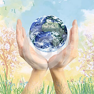 Earth globe in hands with a painting style background landscape