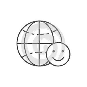 Earth globe with happy face, humanity earth day lineal icon. Global technology, internet, social network symbol design.