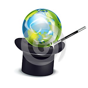 Earth globe in hat and magic wand isolated