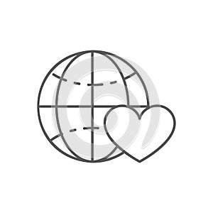 Earth globe with heart, giving a love, charity, donation lineal icon. Global technology, internet, social network symbol