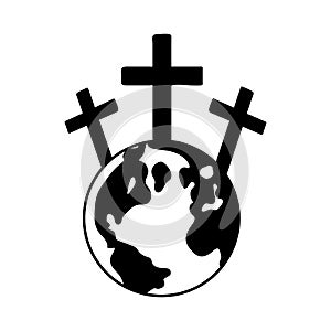 Earth globe icon with crucifixion of Jesus. Calvary icon. Religious logo. Christian cross icon. Vector symbol of church