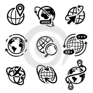 Earth globe icon set. Isolated flat world map