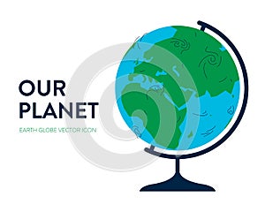 Earth globe icon. Vector illustration of a blue and green geographic school earth globe with physical world map. Round sphere on a