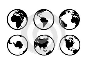 Earth globe icons. World circle map geography internet global commerce tourism vector black symbol set