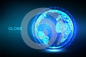 Earth globe illustration. Abstract polygonal planet. Low poly design. Global network connection. Blue futuristic background with