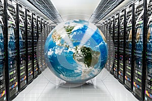 Earth Globe inside data center, server room. Global internet concept, 3D rendering