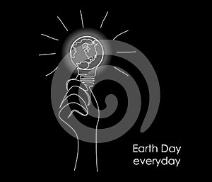 Earth globe inside the light bulb in one line drawing. World map in lamp in simple doodle style. Concept of Eco