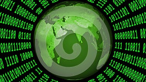 Earth globe inside a virtual cylinder made of binary code - graphic elements in green color