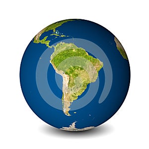 Earth globe isolated on whitebackground. Satellite view focused on South America. Elements of this image furnished by