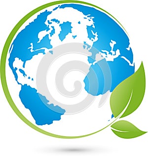 Earth globe and leaves, earth and ecology logo