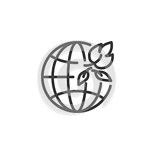 Earth globe with leaves line icon