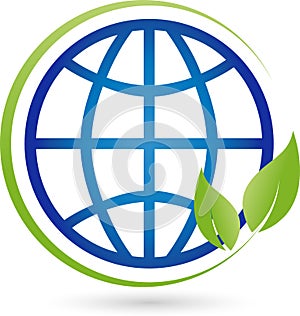 Earth globe and leaves, plant, ecology and earth logo