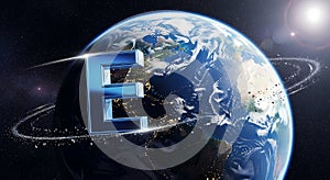 Earth globe with letter E orbiting in space