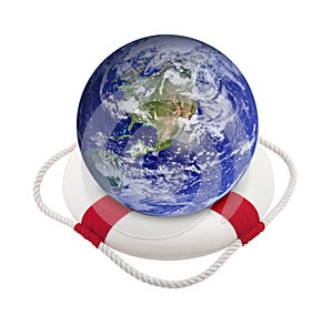 Earth globe in lifebuoy