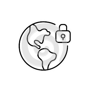 Earth globe and lock. International web security, global lockdown. Pixel perfect vector icon